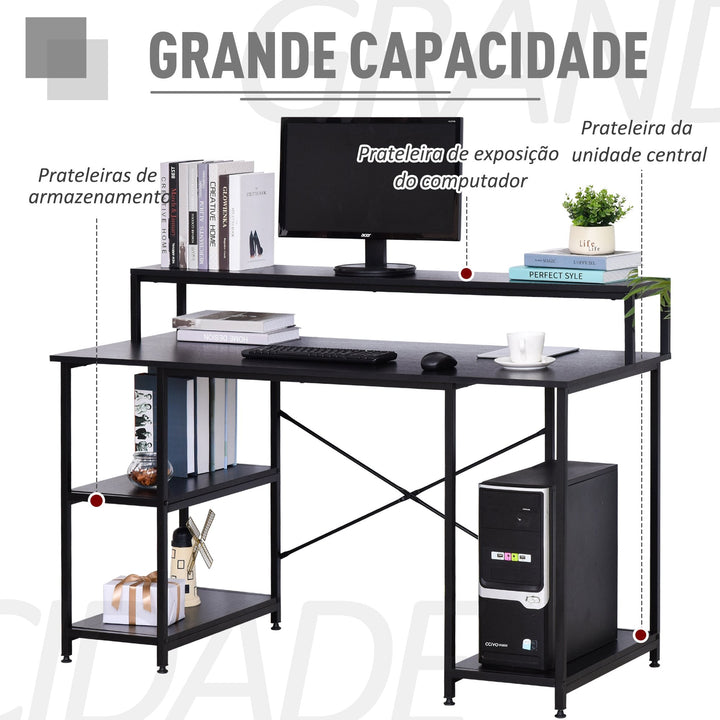 Mesa para Computador com Prateleiras Pés Ajustáveis ??Moldura de Metal 140x60x93 cm