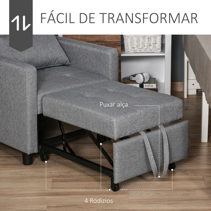 Sofá-cama Individual Poltrona com encosto reclinável Almofada removível Assento acolchoado e 4 rodas 69x77x84 cm Cinza