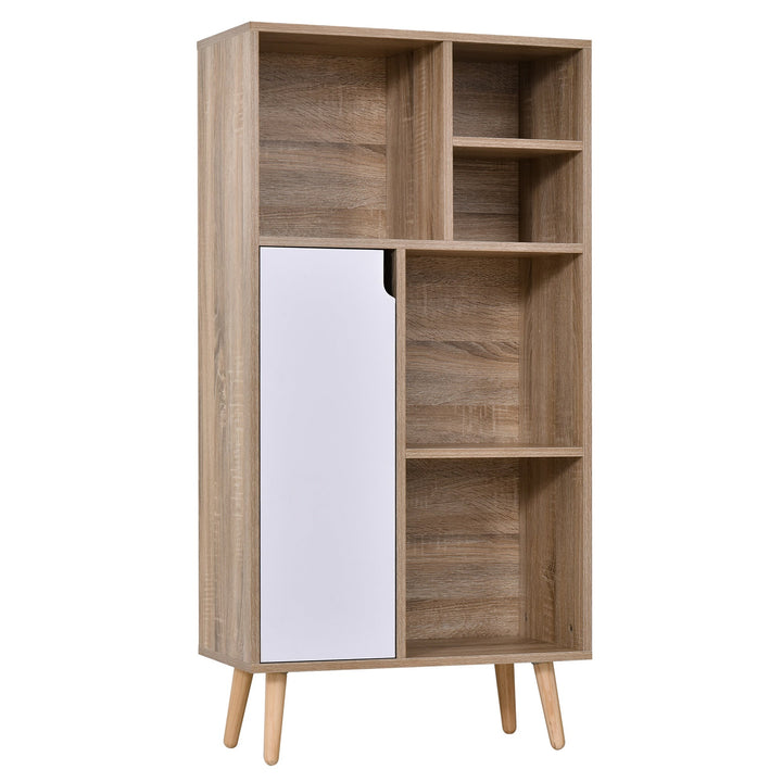 Móvel Aparador Alto Armário Auxiliar de Sala de Estar com 5 Compartimentos e 1 Porta Multiuso para Sala de Jantar Cozinha Dormitório 60x30x121cm Carvalho e Branco
