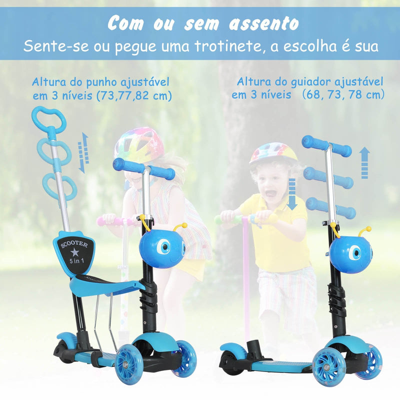 trotinete 5 em 1 para crianças de acima de1 ano trotinete de 3 rodas com assento removível guiador ajustável 62x25x72,5 cm Azul