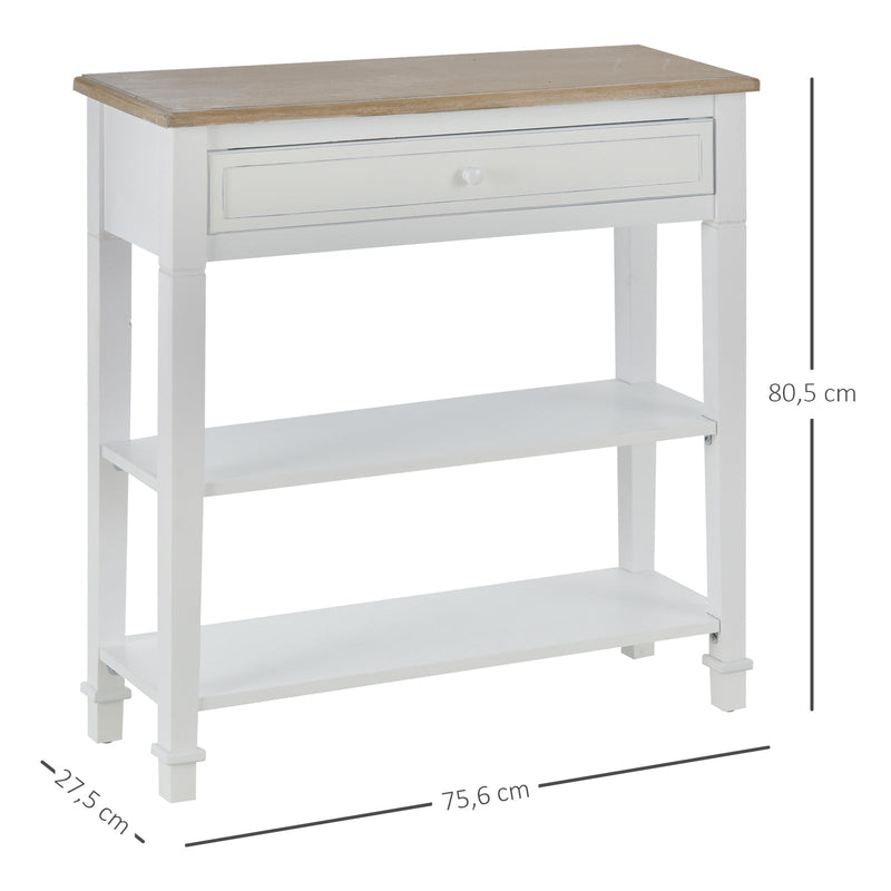 Mesa consola com 2 prateleiras 1 Gaveta Retro Removível 75,6x27,5x80,5 cm Branco