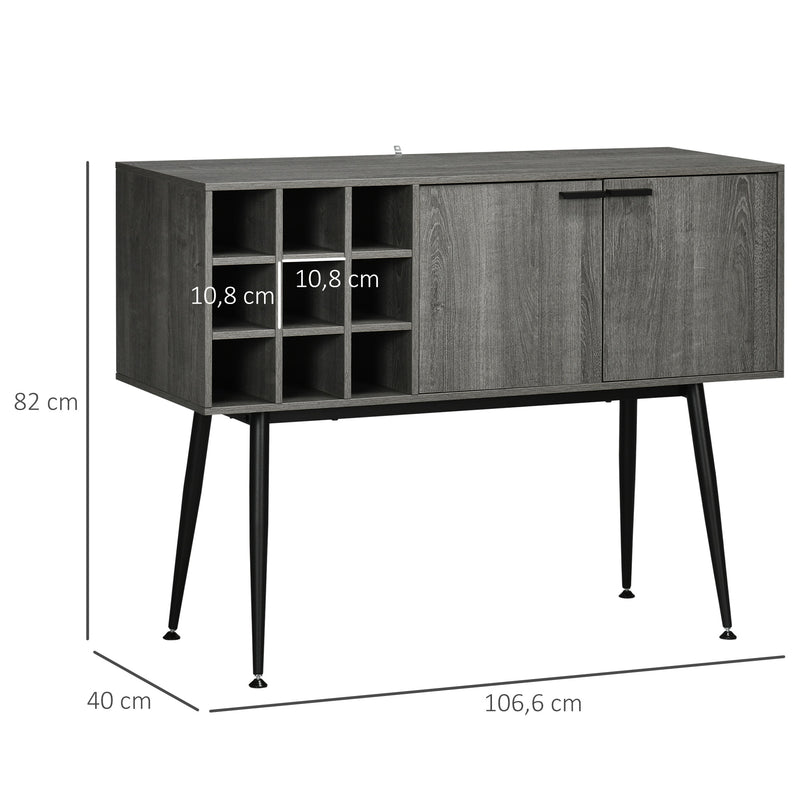 Aparador de Cozinha Móvel Buffet Auxiliar com 2 Portas Suporte para 9 Garrafas de Vinho e Pés de Metal para Sala de Estar Sala de Jantar 106,6x40x82cm Cinza e Preto