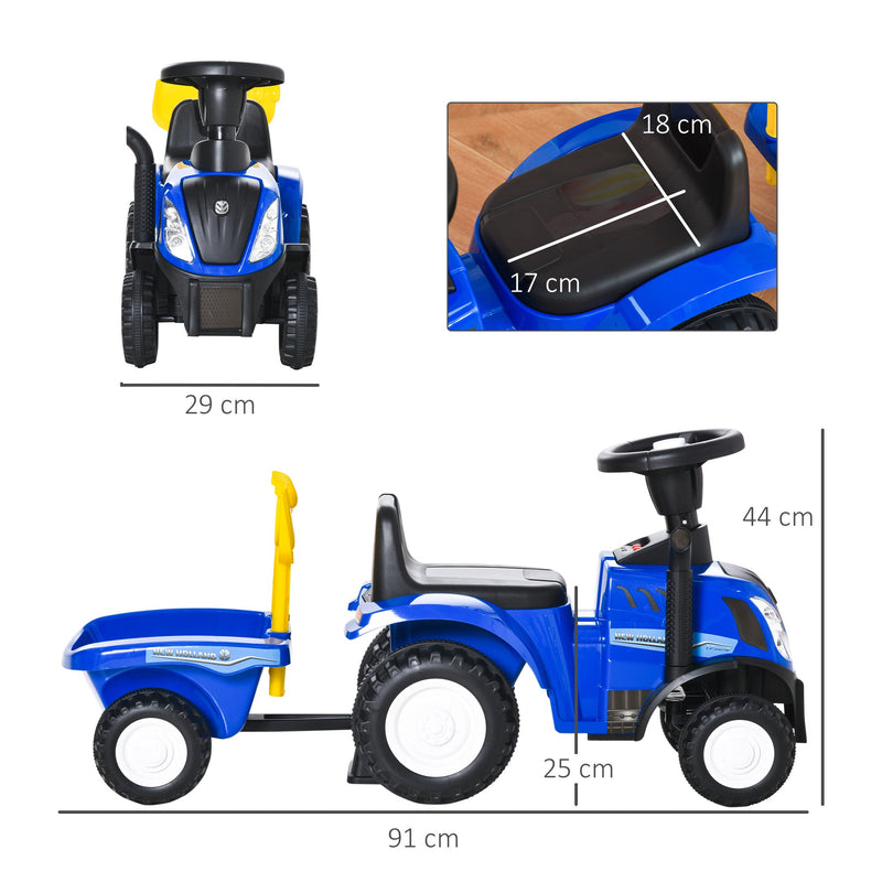 Trator para Crianças de 12-36 Meses com Reboque Removível Carro Andador com Buzina Farol Pá e Ancinho Carga 25kg 91x29x44cm Azul