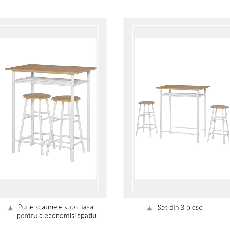 Conjunto de Móvel Bar Conjunto de Mesa Alta e 2 Bancos com Prateleira de Armazenamento e Estrutura de Metal para Cozinha Sala de Jantar 80x50x90cm Branco e Madeira