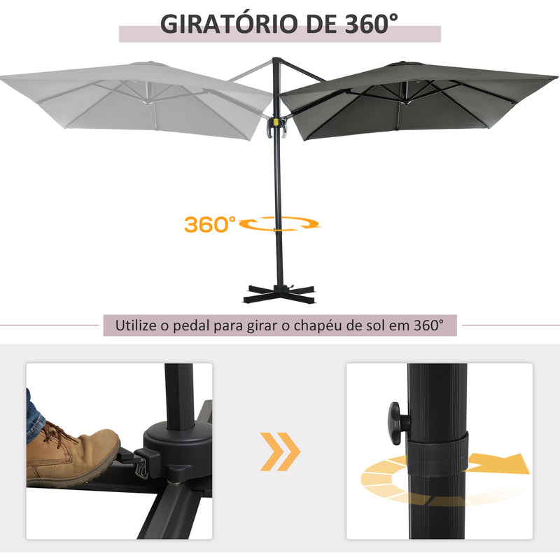 HOMCOM Chapéu de Sol de Jardim 245x245x245 cm Chapéu de Sol Excêntrico com Rotação 360° Inclinação de 5 Níveis com Manivela e Ventilação para Pátio Terraço Cinza