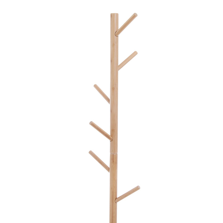 Cabide de Pé com Banco Pendurador Tipo Árvore Moderno 6 Ganchos para Pendurar Roupa Malas Corredor Entrada Bambu e MDF 80x30x180cm