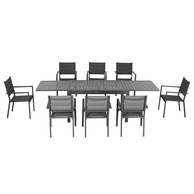 Conjunto Móveis de Jardim 9 Peças Conjunto de Refeição para Varanda com Mesa Extensível 8 Cadeiras Empilháveis Estrutura de Alumínio e Assento de Textilene 135-270x89x74cm Cinza