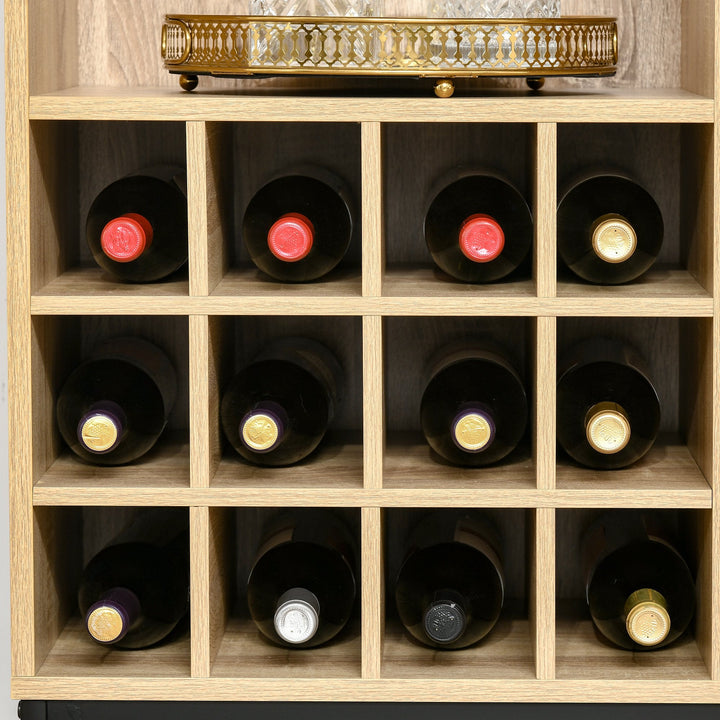 Aparador de Cozinha Armário com 1 Porta Prateleiras Abertas Suporte para 12 Garrafas e 6 Taças de Vinho para Sala de Jantar Bar Restaurante 76x35x97cm Madeira Natural