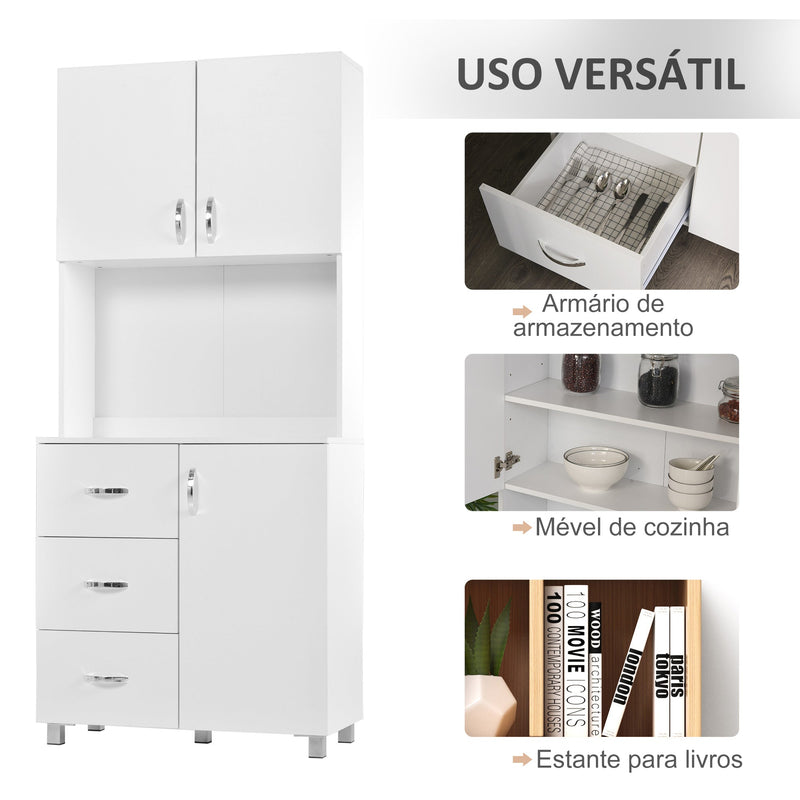 Armário de Armazenamento de Cozinha Armário Alto com 3 Gavetas 3 Portas e Prateleiras Interiores Ajustáveis móvel Auxiliar para Sala de Jantar Sala de Estar 80x39,5x183,5cm Branco