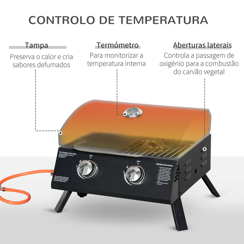 Churrasqueira à Gás Dobrável com 2 Queimadores Churrasqueira à Gás Portátil com Termómetro para Campismo Piquenique ao Ar Livre Jardim 55x46,5x41cm Preto