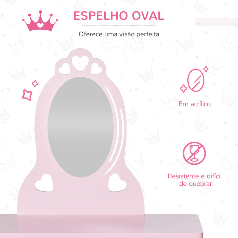 Toucador Infantil de Madeira para Crianças de 3-6 Anos com Banco e Espelho Estilo Princesa Mesa de Maquilhagem Infantil com Gaveta para Dormitório 60x36x88cm Rosa