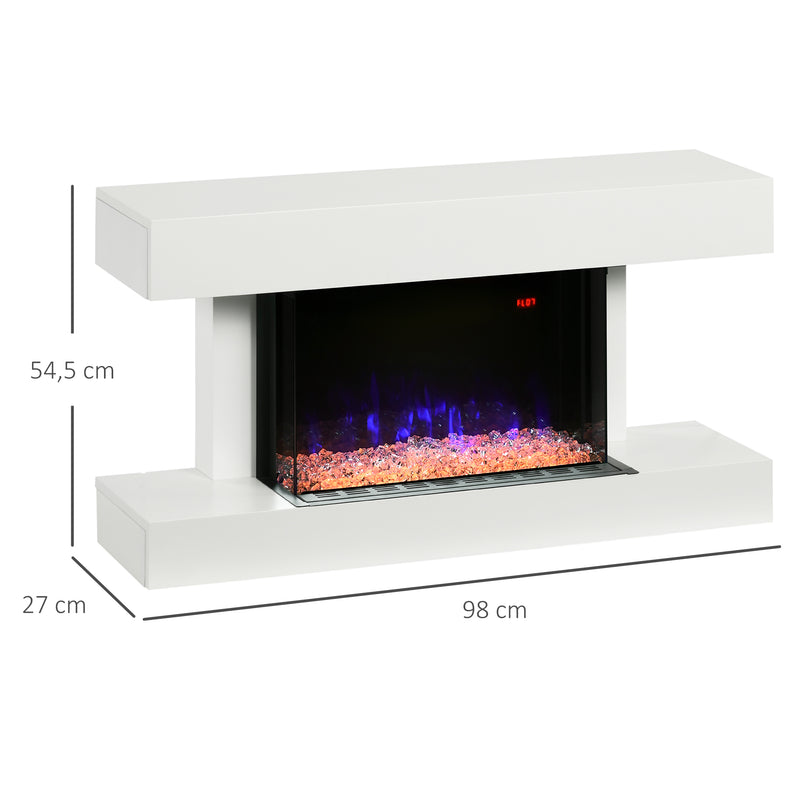 Lareira Elétrica 1000W/2000W Lareira Elétrica de Parede com Temperatura Ajustável Silenciosa Temporizador e Controlo Remoto para Ambientes de 15-25 m² 98x27x54,5 cm Branco