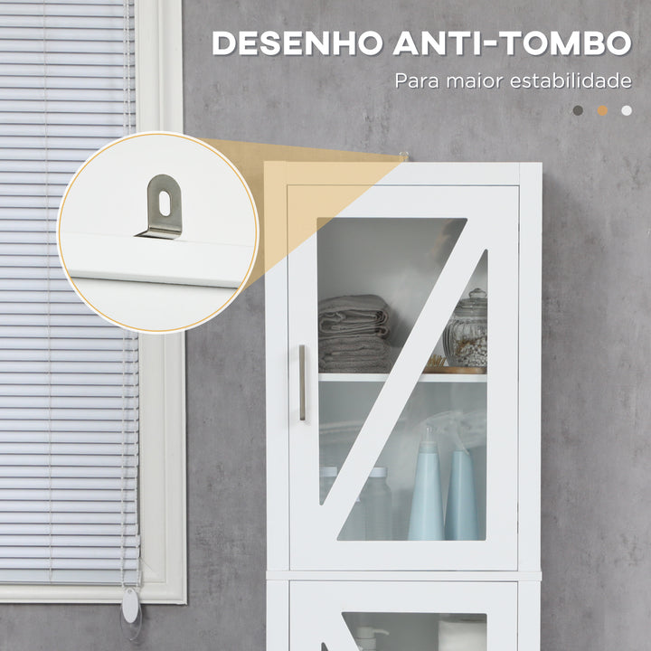 Coluna Casa de Banho Armário Alto Casa de Banho com 2 Portas de Vidro Prateleiras Ajustáveis e Prateleira de Armazenamento 45x30x170 cm Branco