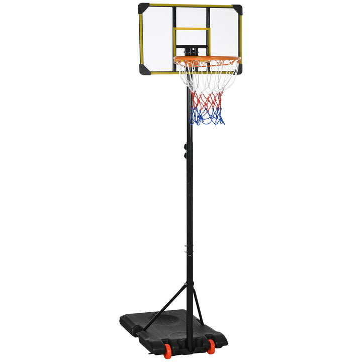 Tabela de Basquetebol com Altura Ajustável 178-208 cm Rodas Cesta de Basquetebol para Crianças acima de 6 Anos com Base Recarregável para Exterior 75x56x210-240 cm Amarelo e Preto