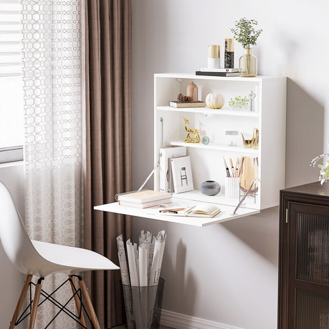 Secretária de Parede Moderna Mesa Dobrável de Parede Multifuncional com Prateleiras de Armazenamento Carga 40 kg para Dormitório Sala de Estar Escritório 64x20x60 cm Branco