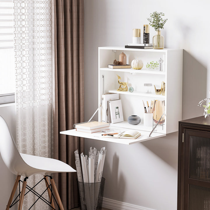Secretária de Parede Moderna Mesa Dobrável de Parede Multifuncional com Prateleiras de Armazenamento Carga 40 kg para Dormitório Sala de Estar Escritório 64x20x60 cm Branco