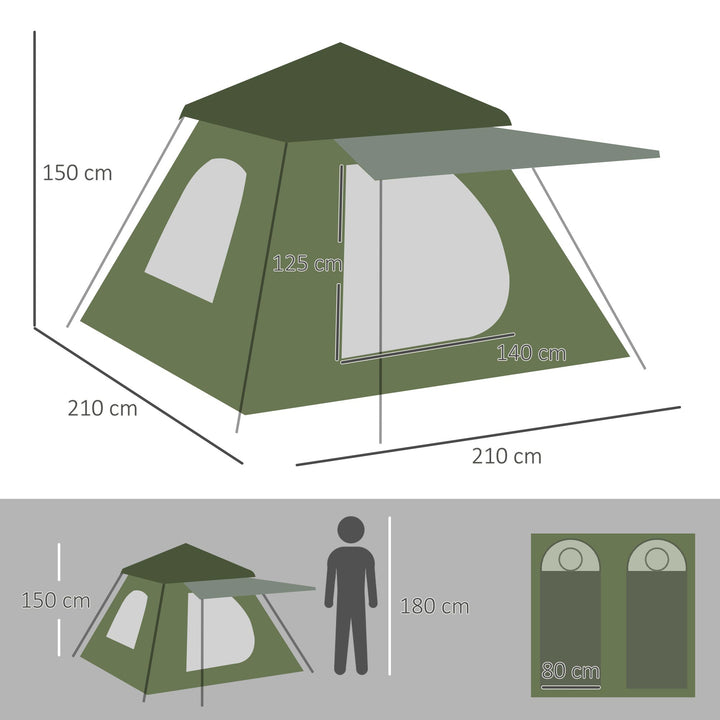 Tenda de Campismo para 2-3 Pessoas Tenda de Campismo Impermeável PU2000 mm Proteção UV50+ com Bolsa de Transporte 210x210x150 cm Verde