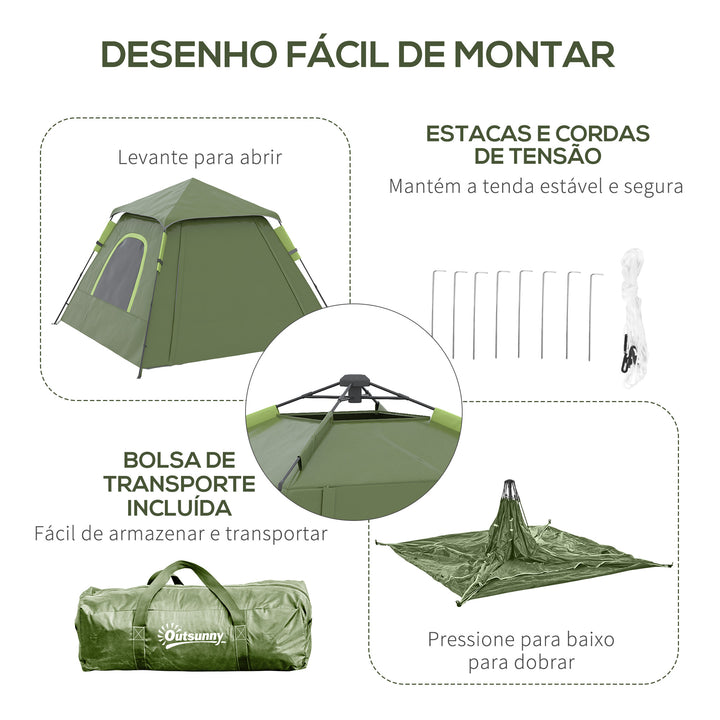 Tenda de Campismo para 2-3 Pessoas Tenda de Campismo Impermeável PU2000 mm Proteção UV50+ com Bolsa de Transporte 210x210x150 cm Verde