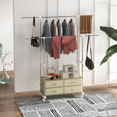 Charriot de Roupa com Rodas Charriot com Altura Ajustável Barras Extensíveis e 4 Gavetas de Tecido para Sala de Estar Dormitório Entrada 88-148x42x93-160 cm Bege