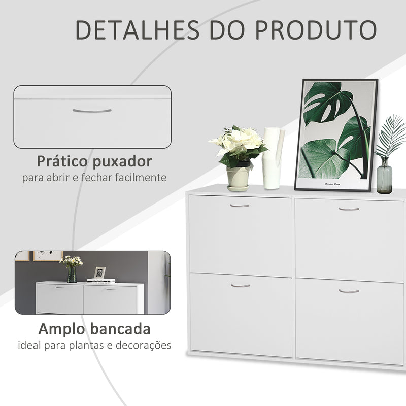 Móvel Sapateira Branca Sapateira Moderna com 4 Gavetas Abatíveis e Prateleiras Ajustáveis para 16-24 Pares de Sapatos para Corredor Entrada 120x24x81 cm Branco