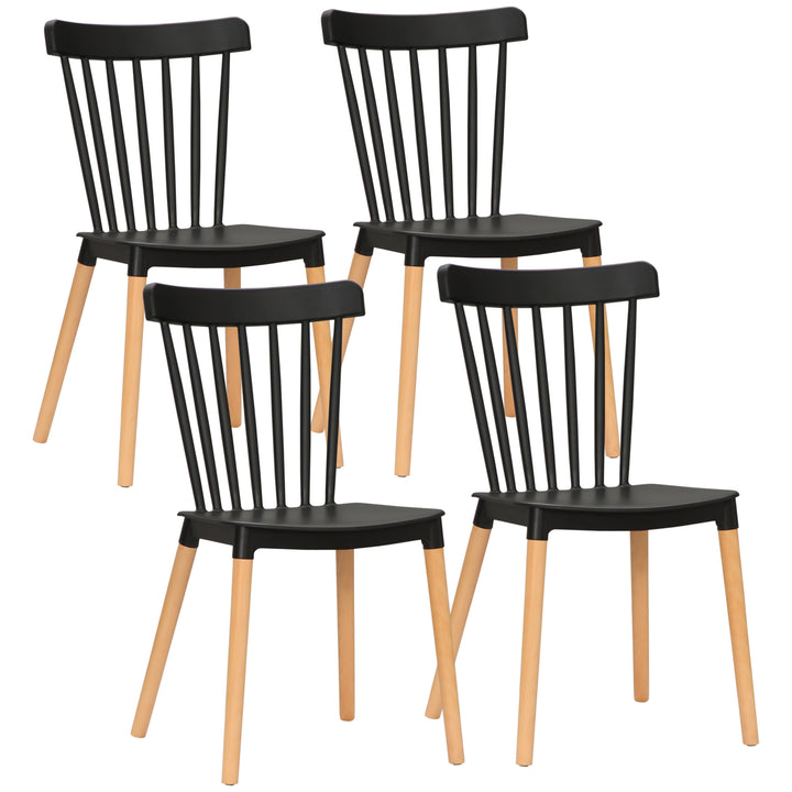 Conjunto de 4 Cadeiras Estilo Nórdico Cadeiras de Cozinha com Encosto Alto Assento de Polipropileno e Pés de Madeira de Faia Carga Máx. 120kg 43x52,5x83cm Preto e Madeira