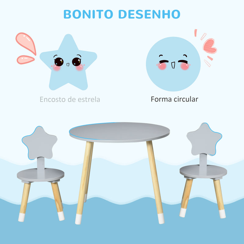 Conjunto de Mesa e 2 Cadeiras de Madeira para Crianças com Mesa Redonda Ø59x50cm e Cadeiras Ø28x51 Mobiliário Infantil para Sala de Jogos Quarto Cinza e Madeira