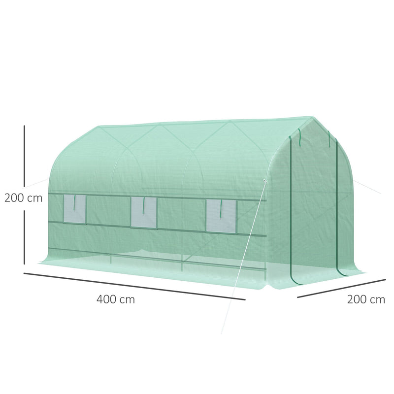 Estufa de Jardim 400x200x200cm Tipo Túnel com 6 Janelas Transpiráveis e Portas Enrolável com Zíper para Cultivo de Plantas e Verduras Verde