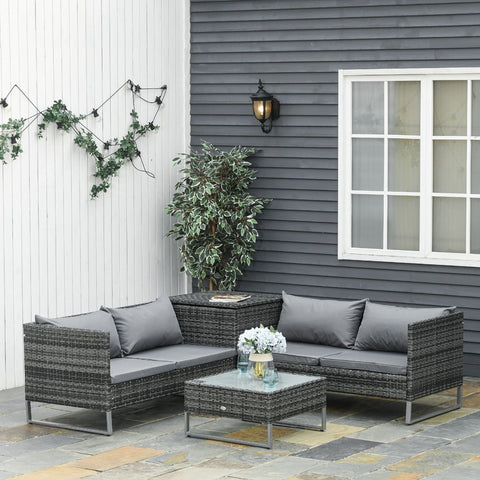 Conjunto de 4 Móveis de vime para Jardim com 2 Sofás Duplos Mesa central mesa de baú e almofadas removíveis 132x69x64 cm Cinza