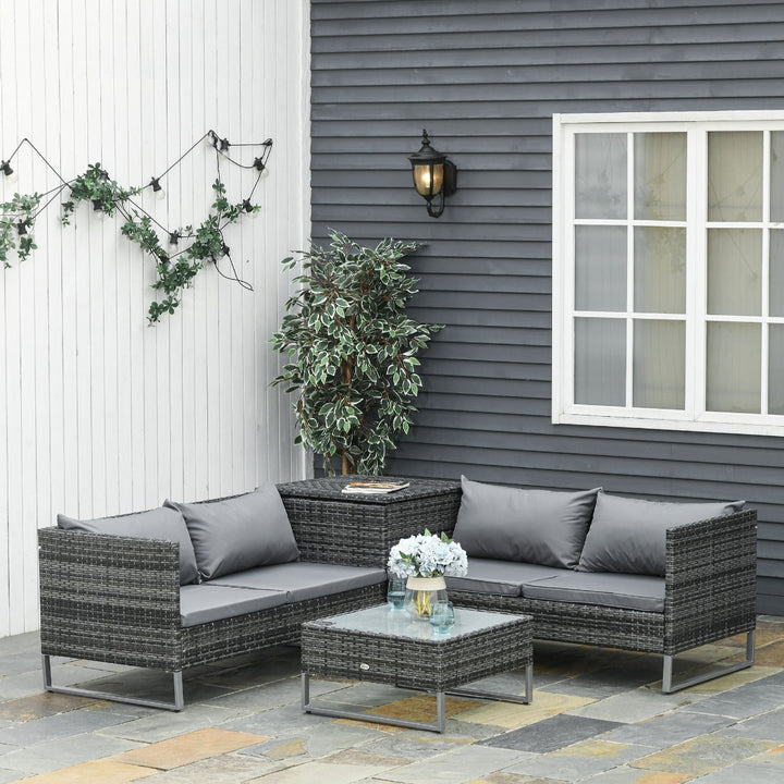 Conjunto de 4 Móveis de vime para Jardim com 2 Sofás Duplos Mesa central mesa de baú e almofadas removíveis 132x69x64 cm Cinza