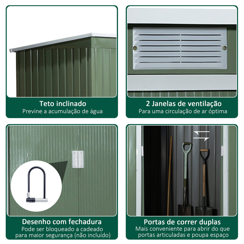 Abrigo de Jardim 280x130x172cm Abrigo de Exterior de Aço Galvanizado com Porta Corredeira e Ventilações para Armazenamento de Ferramentas Verde Claro