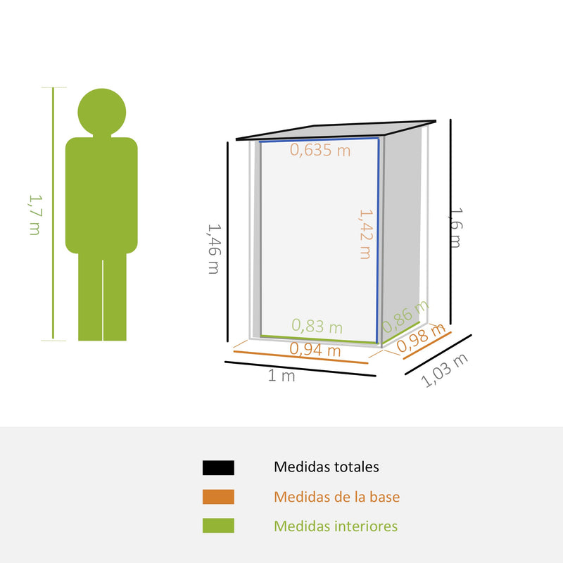 Abrigo de Jardim 0,92 m² 100x103x160cm Abrigo Exterior de Aço Galvanizado com Porta Fechadura e Teto Inclinado para Armazenamento de Ferramentas Cinza Escuro