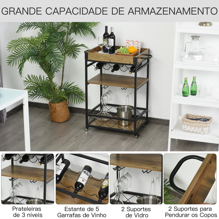 Carrinho de cozinha multifuncional com 3 prateleiras 77x44,5x91 cm Madeira rústica
