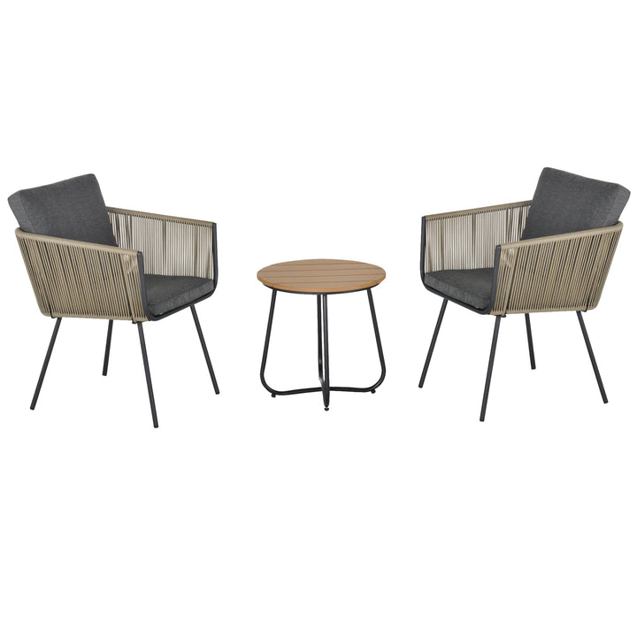 Conjunto de móveis de vime 1 mesa redonda e 2 cadeiras Poltrona com almofadas acolchoadas para varanda Aço cáqui e cinza