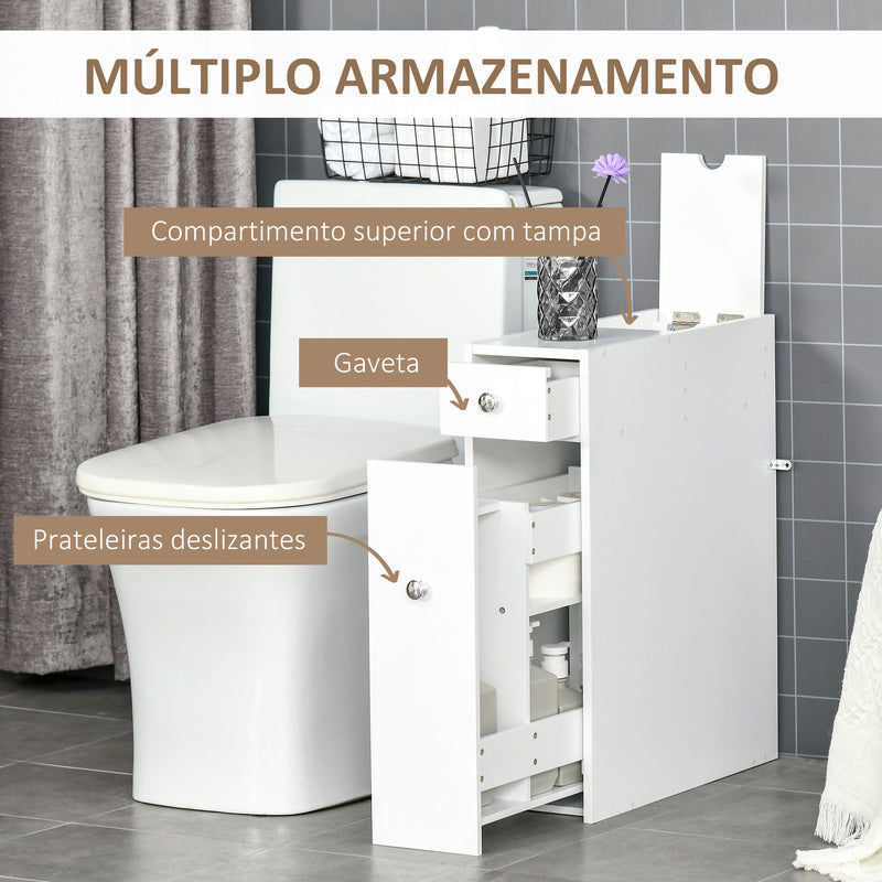 Armário Auxiliar de Casa de Banho Móvel Casa de Banho Estreito com 2 Gavetas e Compartimento Superior com Tampa 17x48x58cm Branco