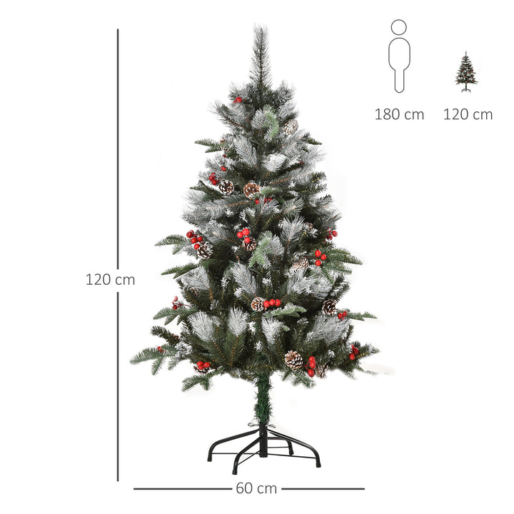 Árvore de Natal Artificial 120cm com 239 Ramas 27 Pinhas e 27 Frutinhas Folhas de PVC PE Base Dobrável e Suporte Metálico Decoração de Natal para Interiores Verde