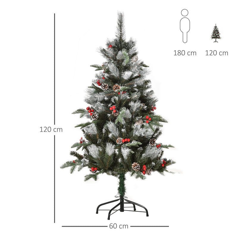 Árvore de Natal Artificial 120cm com 239 Ramas 27 Pinhas e 27 Frutinhas Folhas de PVC PE Base Dobrável e Suporte Metálico Decoração de Natal para Interiores Verde