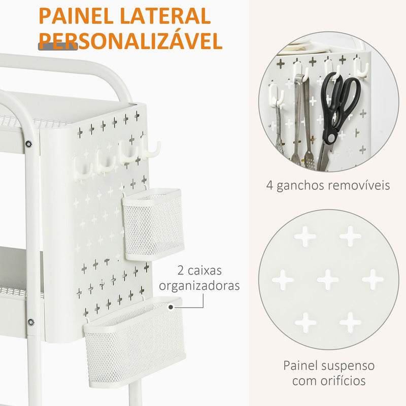 Carrinho de Cozinha com Rodas Carrinho de Armazenamento de 3 Níveis com 4 Ganchos 2 Cestas Alça de Transporte e Rodas com Freio para Casa de Banho Escritório Dormitório 51,5x32x75,6cm Branco