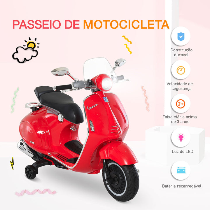 Mota elétrica Vespa para crianças acima de 3 Anos com Faróis Música 2 Rodas Auxiliares 108x49x75 cm Vermelho