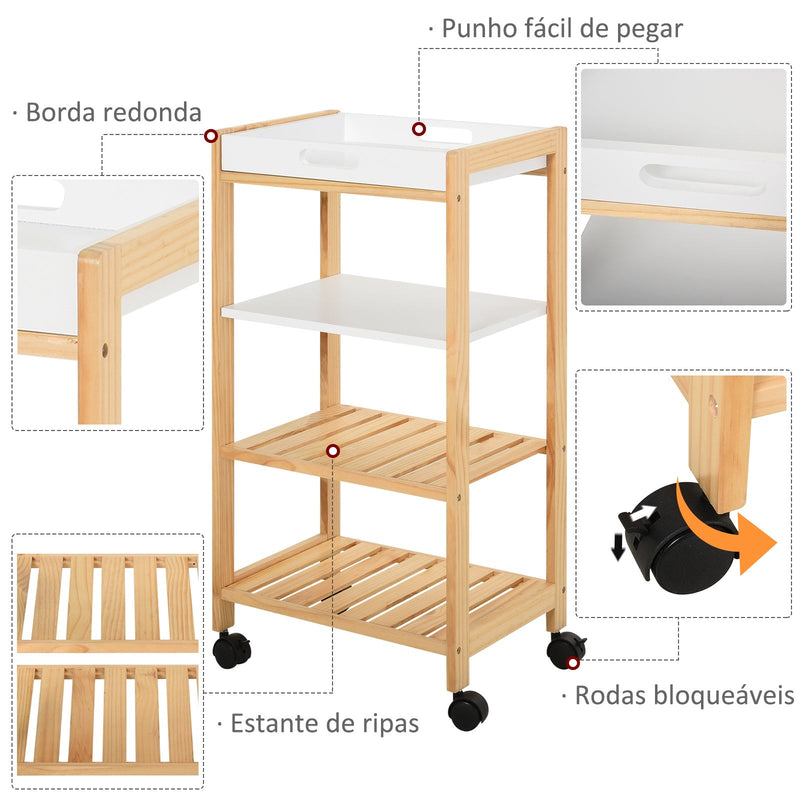 Carrinho de cozinha de 4 niveis com bandeja removível 40x30x76 cm Branco