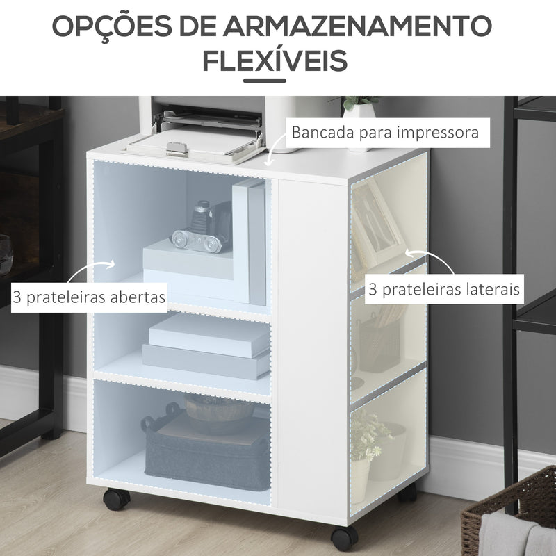 Armário para Impressora Móvel Auxiliar de Escritório com Rodas 3 Prateleiras Laterais e 3 Prateleiras Abertas Carga Máxima 30kg para Dormitório Sala de Estar Cozinha 60x40x75,8cm Branco