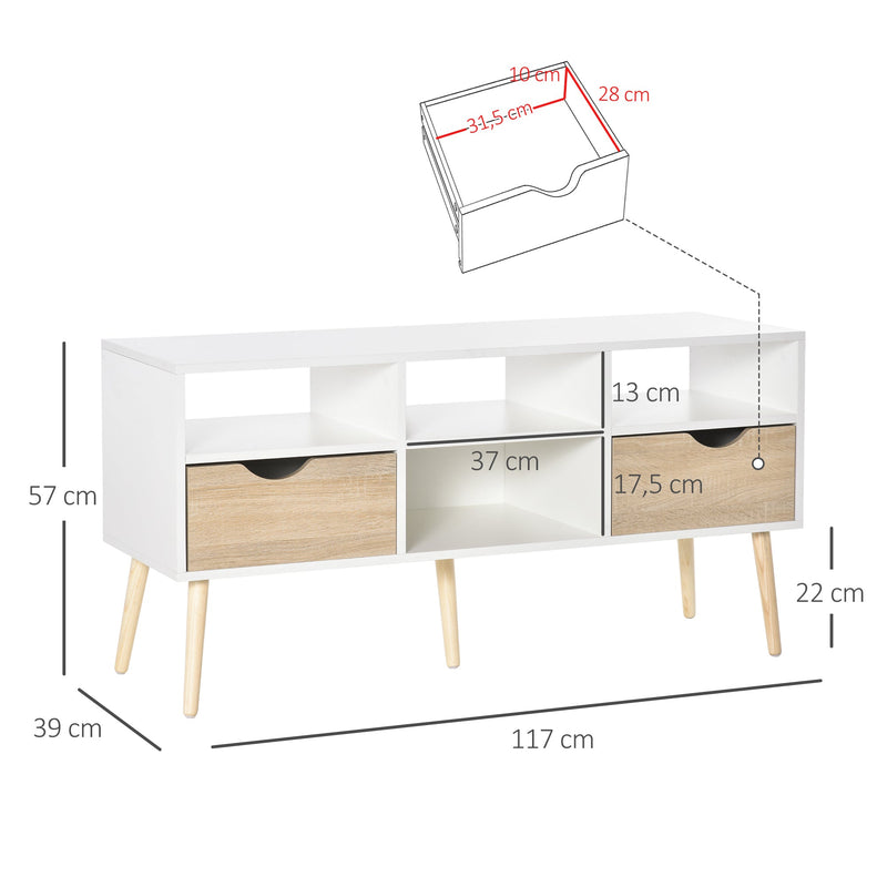 Móvel de TV com 2 Gavetas e 4 Compartimentos Pés de Madeira Dispositivo Anti Rolamento para Sala de Estar 117x39x57cm Branco e Madeira Natural