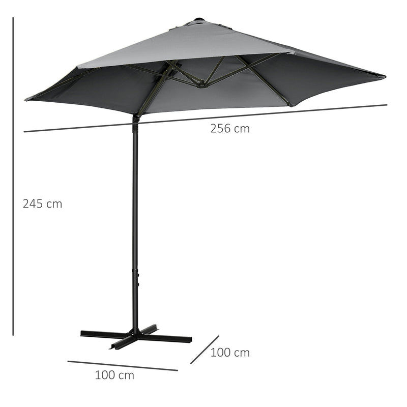 Chapéu de Sol de Jardim Ø256x245cm Chapéu de Sol Excêntrico Rotação 360° com Abertura Manual e Base Cruzada para Pátio Varanda Exterior Cinza Escuro