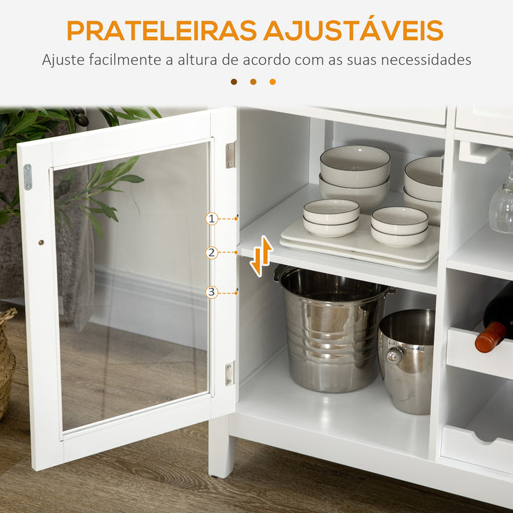 Aparador de Cozinha com 2 Portas de Vidro Suporte para 6 Garrafas e Suporte para 15 Taças Móvel Buffet para Sala de Jantar Sala de Estar Estilo Moderno Anti-Tombo 120x40x87cm Branco