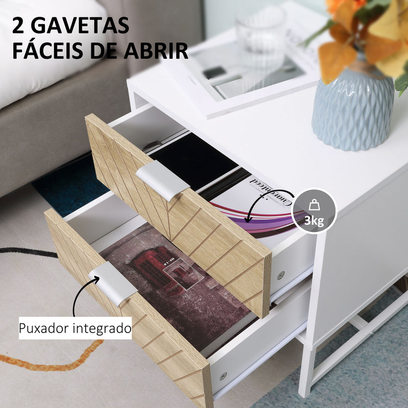 Mesa de Cabeceira com 2 Gavetas Mesa Auxiliar com Pés de Aço para Sala de Estar Dormitório 45x39x48cm Carvalho e Branco