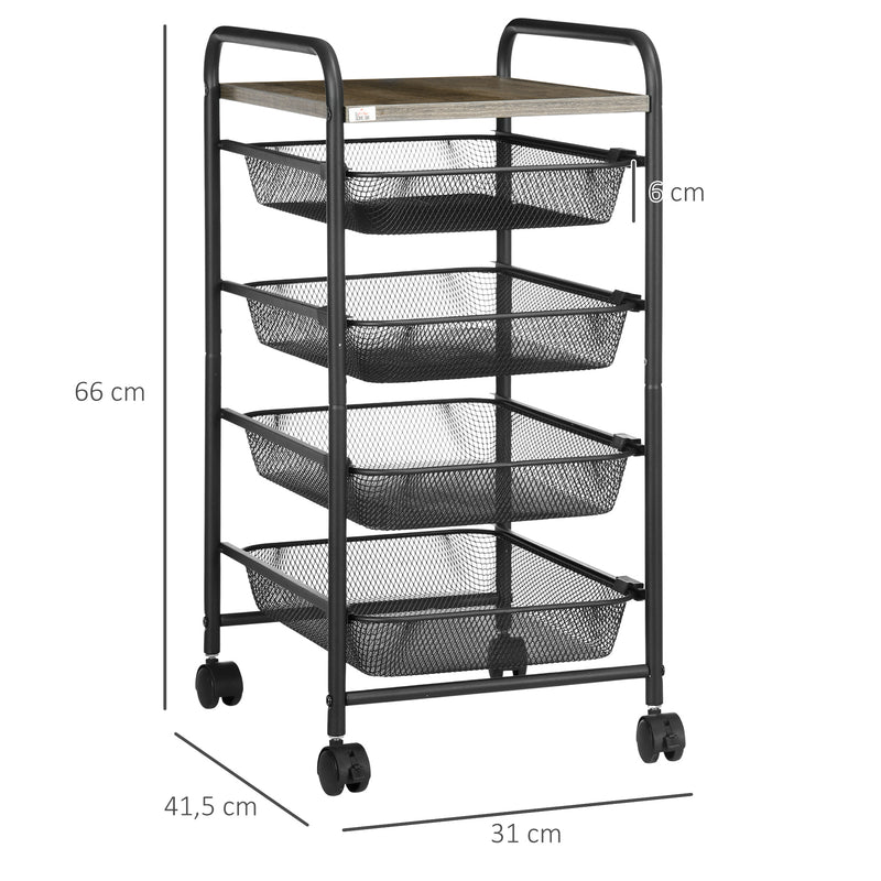 Carrinho de Armazenamento de 5 Níveis Carrinho Multifuncional com Rodas 4 Bandejas Amovíveis e Bancada de Madeira para Sala de Estar Cozinha Dormitório 41,5x31x66cm Preto