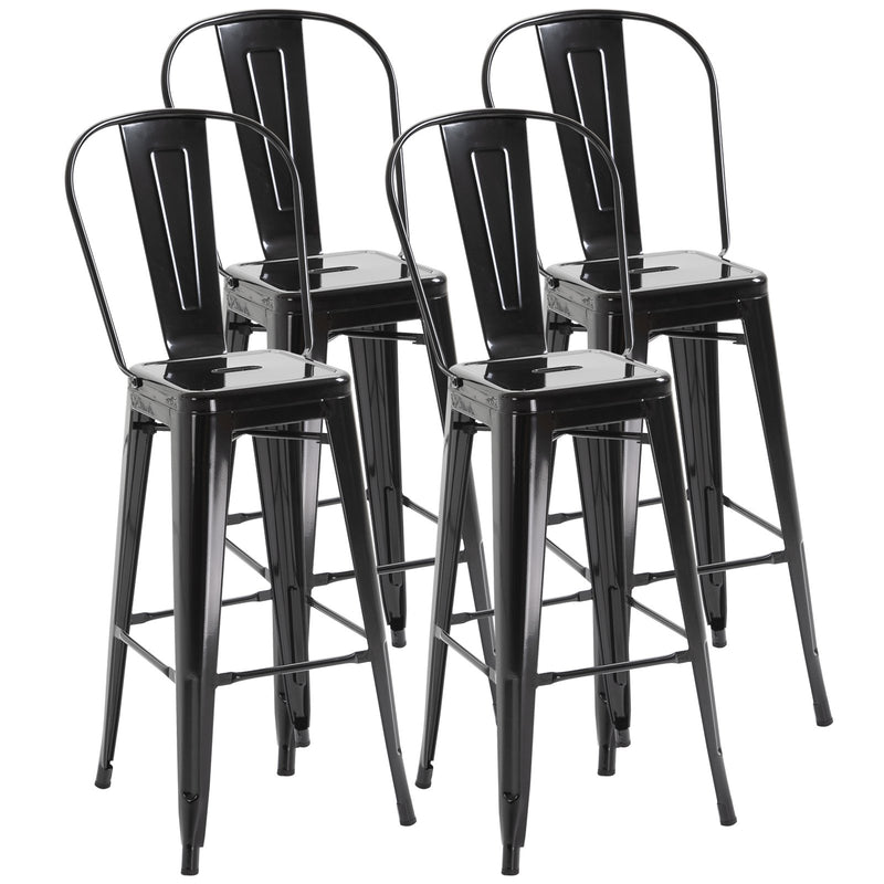 Conjunto de 4 Bancos Altos de Cozinha de Metal Bancos de Bar com Encosto Alto e Apoio para os Pés para Sala de Jantar Carga 120kg 44x49x116cm Preto