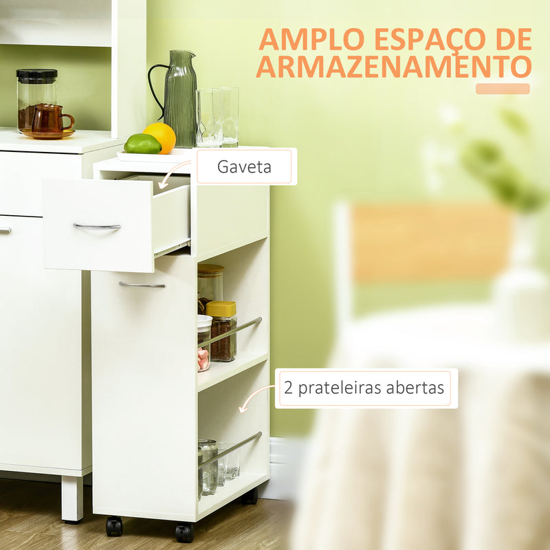 Carrinho de Cozinha com 1 Gaveta e 2 Prateleiras Abertas Carrinho de Cozinha Auxiliar cm Rodas para Sala de Jantar Casa de Banho 25x50x85cm Branco