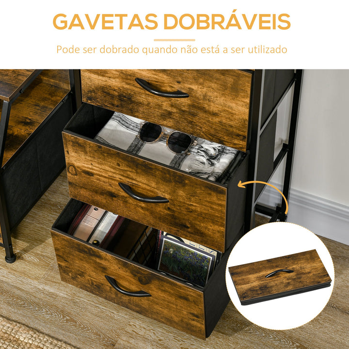 Cómoda com 3 Gavetas de Tecido Dobrável e Prateleira Aberta Móvel de Armazenamento para Escritório Dormitório Estilo Industrial Anti-Tombo 44x29x92cm Marrom Rústico