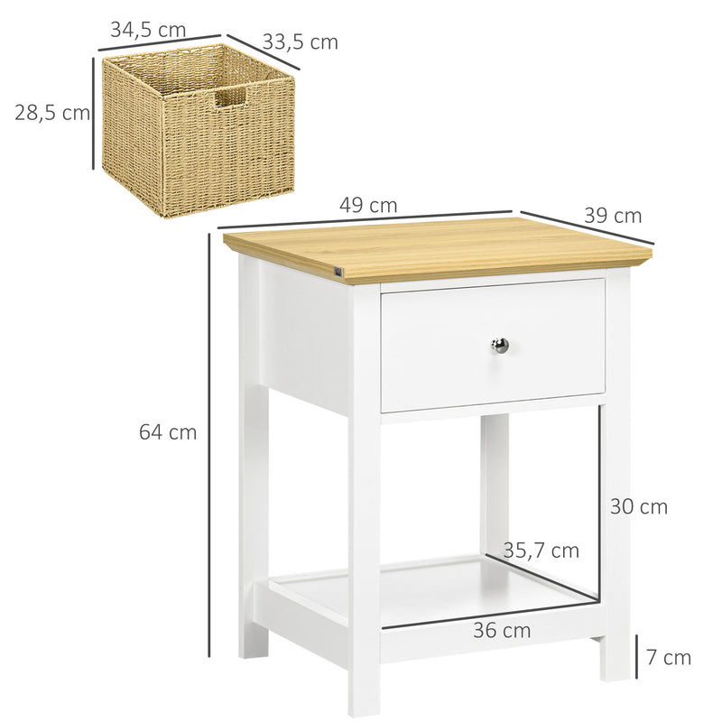 Mesa de Cabeceira Moderna Mesa de Cabeceira com Gaveta de Armazenamento e Cesto de Vime Dobrável para Sala de Estar Dormitório 49x39x64 cm Branco e Madeira