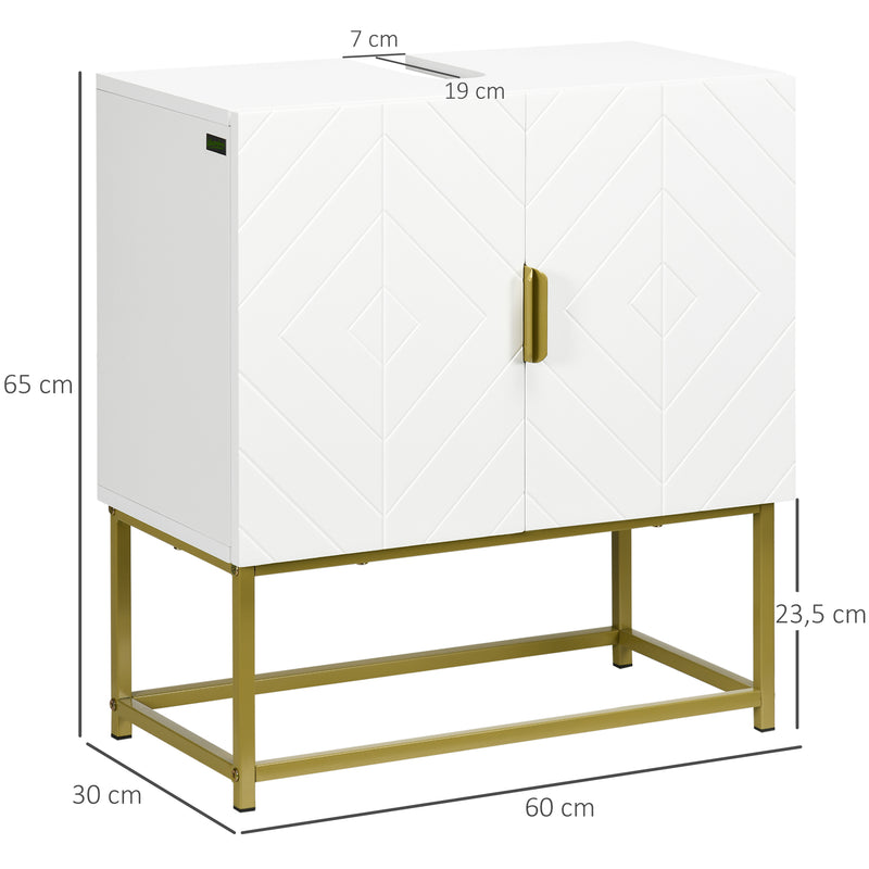 Móvel para Lavatório Pousar Armário para Casa de Banho Moderno com 2 Portas e Pés de Aço 60x30x65 cm Branco e Dourado